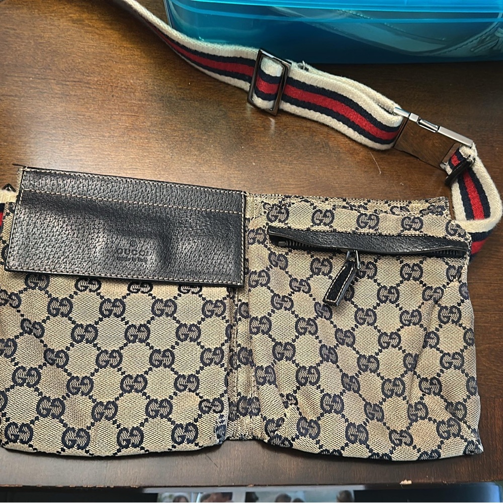 Gucci Beige and Navy GG Canvas Belt Bag with Red-Blue Web Strap
